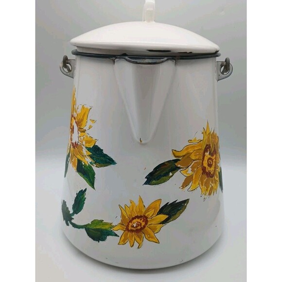 Vtg White Enamelware Cowboy Coffee Pot Chuck wagon XL Hand Painted Sunflowers - Picture 2 of 11